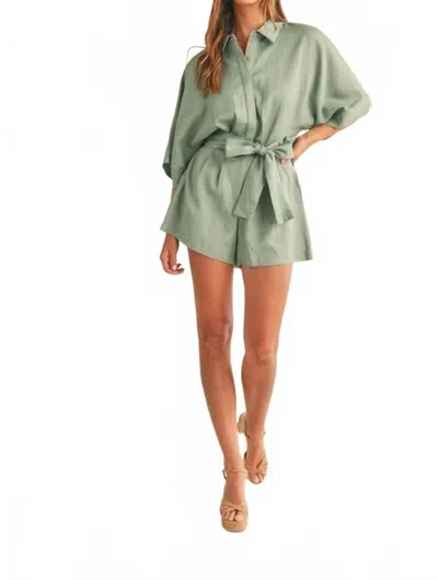 Mable Button Down Romper In Olive In Green