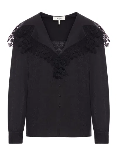 Chloé Blouse With Maxi Collar In Silk Jacquard And Lace In Black