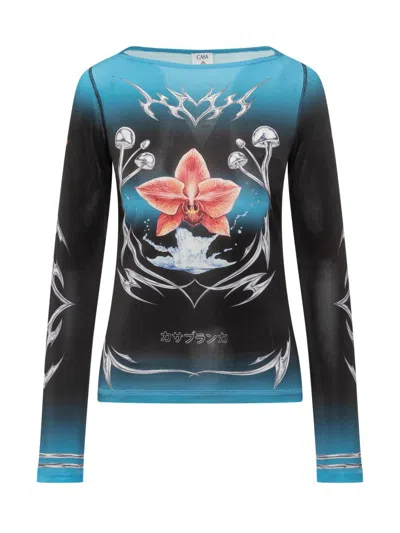 Casablanca Graphic-print Slinky Jersey Long-sleeve Blouse In Multi