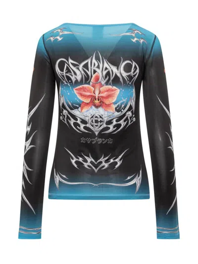 Casablanca Graphic-print Slinky Jersey Long-sleeve Blouse In Multi