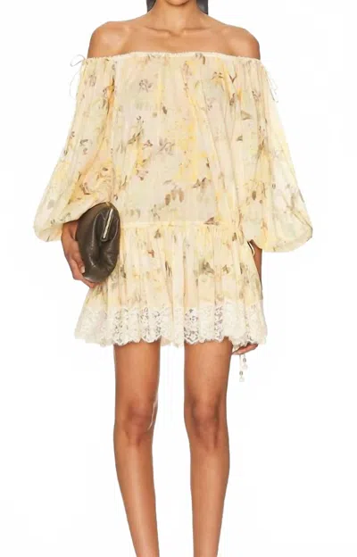 Zimmermann Cascadian Off-the-shoulder Lace-trimmed Printed Cotton-voile Mini Dress In Yellow