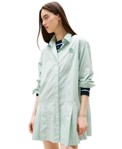 Tommy Jeans Women's Pleated Crest Cotton Shirt Dress In Green
