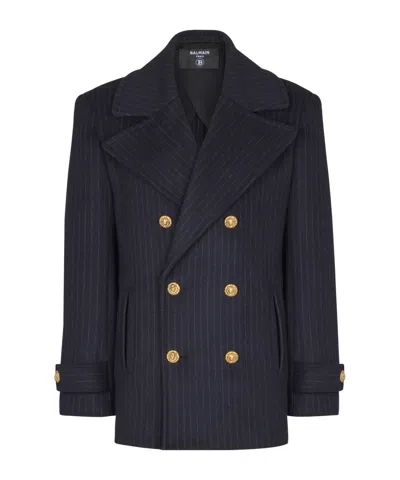 Balmain Merino Wool-blend Stripe Pea Coat In Blue