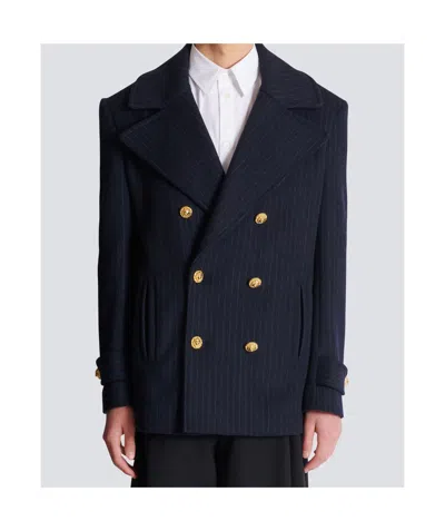 Balmain Merino Wool-blend Stripe Pea Coat In Blue