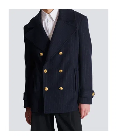 Balmain Merino Wool-blend Stripe Pea Coat In Blue