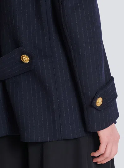 Balmain Merino Wool-blend Stripe Pea Coat In Blue