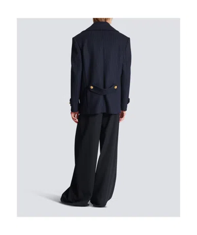 Balmain Merino Wool-blend Stripe Pea Coat In Blue
