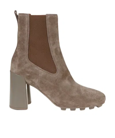 Hogan Suede Block Heel Ankle Boots With Elastic Panels In Brown