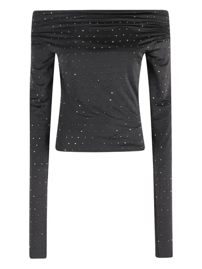 The Andamane Zaphyr Crystal Long-sleeve Top With Asymmetrical Neckline In Black