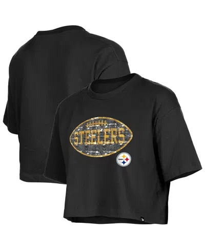 New Era Girl's Black Pittsburgh Steelers Flip Sequin Boxy T-shirt In Black