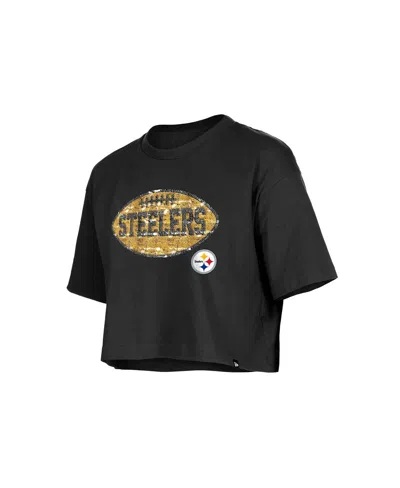New Era Girl's Black Pittsburgh Steelers Flip Sequin Boxy T-shirt In Black