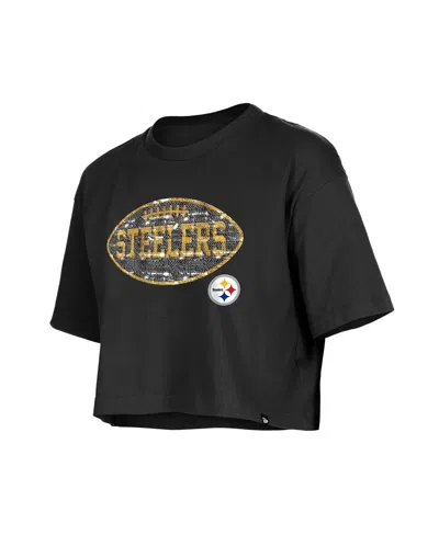 New Era Girl's Black Pittsburgh Steelers Flip Sequin Boxy T-shirt In Black