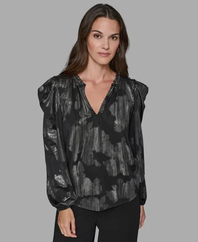 Karl Lagerfeld Women's Luxe V-neck Metallic Print Long-sleeve Top In Black