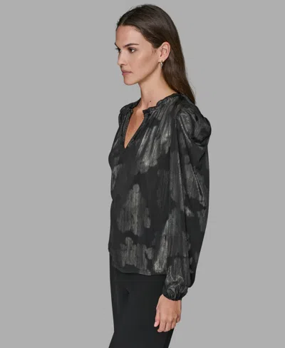 Karl Lagerfeld Women's Luxe V-neck Metallic Print Long-sleeve Top In Black