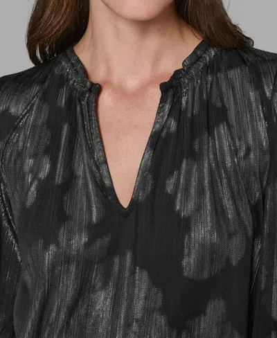 Karl Lagerfeld Women's Luxe V-neck Metallic Print Long-sleeve Top In Black
