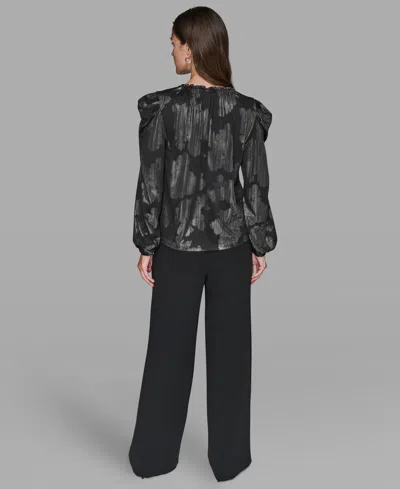 Karl Lagerfeld Women's Luxe V-neck Metallic Print Long-sleeve Top In Black