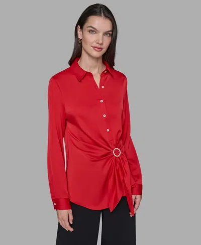 Karl Lagerfeld Womens Long Sleeve Surplice Ring Detail Top P Xs Xl In Red