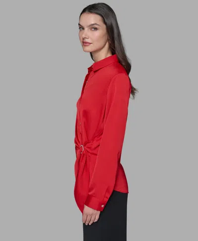 Karl Lagerfeld Womens Long Sleeve Surplice Ring Detail Top P Xs Xl In Red
