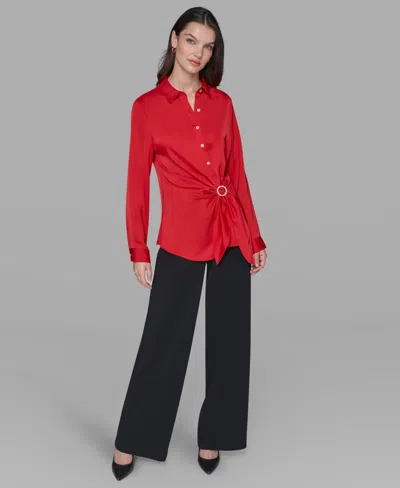 Karl Lagerfeld Womens Long Sleeve Surplice Ring Detail Top P Xs Xl In Red