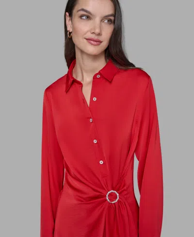 Karl Lagerfeld Womens Long Sleeve Surplice Ring Detail Top P Xs Xl In Red
