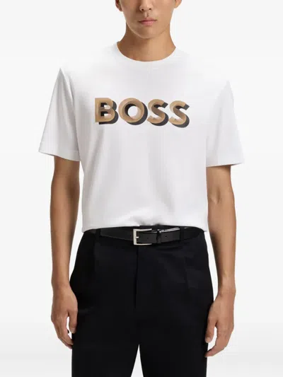 Hugo Boss Mercerized-cotton T-shirt With Logo Artwork In White