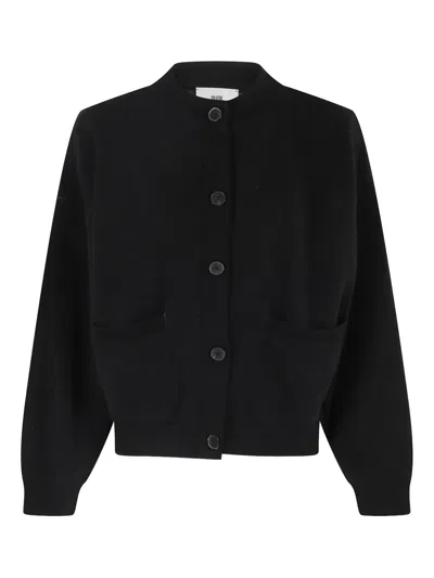 Solotre Cropped Black Cardigan With Center Button Closure And Front Pockets In Black