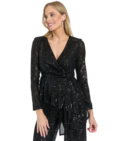 Muse Womens Long Sleeve Faux Twist Wrap Top Textured Pull On Pants In Black