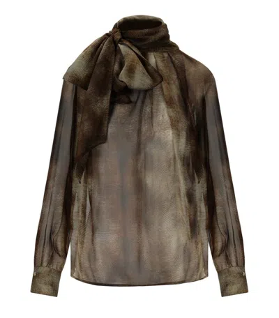 Elisabetta Franchi Sheer Silk Blouse With Integrated Scarf In Brown
