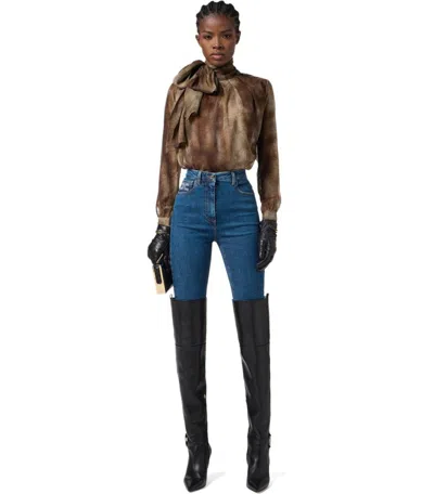 Elisabetta Franchi Sheer Silk Blouse With Integrated Scarf In Brown