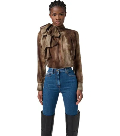 Elisabetta Franchi Sheer Silk Blouse With Integrated Scarf In Brown