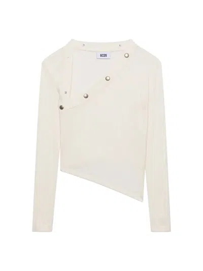 Gcds Long-sleeved Ribbed Top With Snap Buttons In Neutral