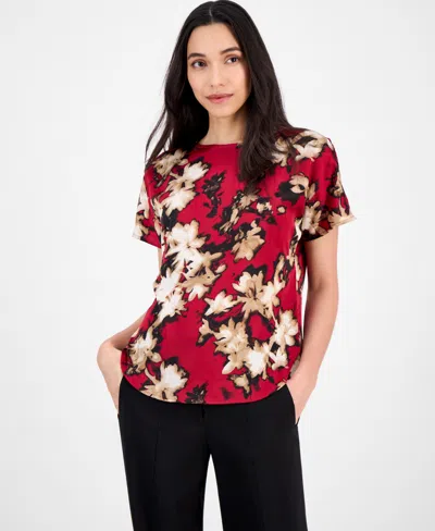 Anne Klein Women's Printed Boat-neck Short-sleeve Top In Multi