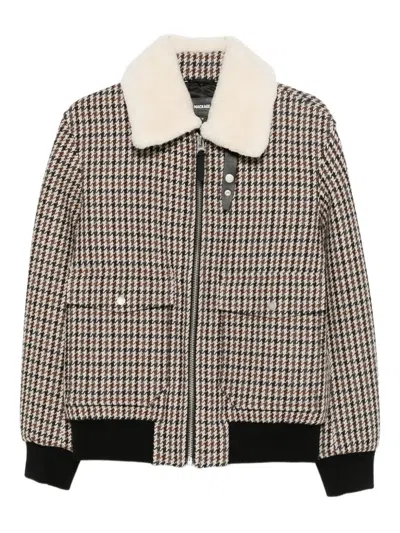 Mackage Houndstooth-pattern Shearling-collar Jacket In Brown