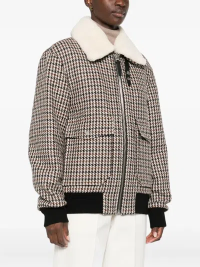 Mackage Houndstooth-pattern Shearling-collar Jacket In Brown