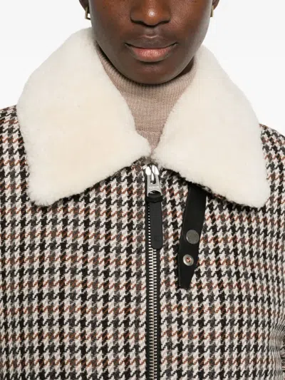 Mackage Houndstooth-pattern Shearling-collar Jacket In Brown