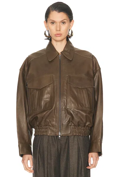 Staud Eugene Leather Bomber Jacket In Brown