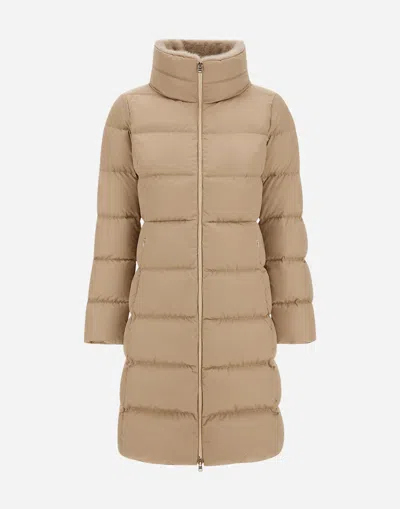 Herno Satin And Lady Alternative Fur Long Jacket In Brown