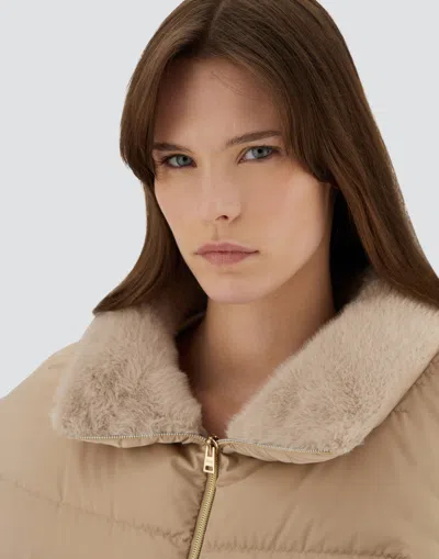 Herno Satin And Lady Alternative Fur Long Jacket In Brown