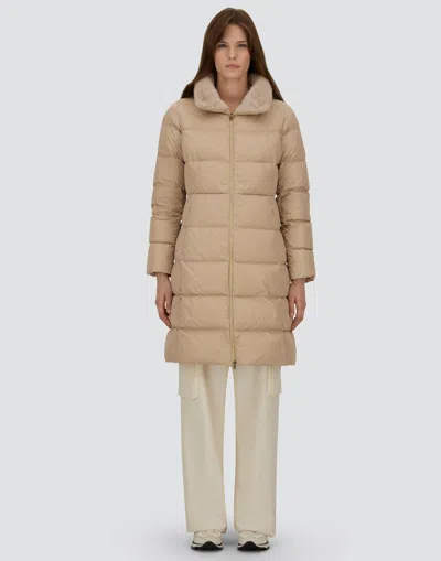 Herno Satin And Lady Alternative Fur Long Jacket In Brown