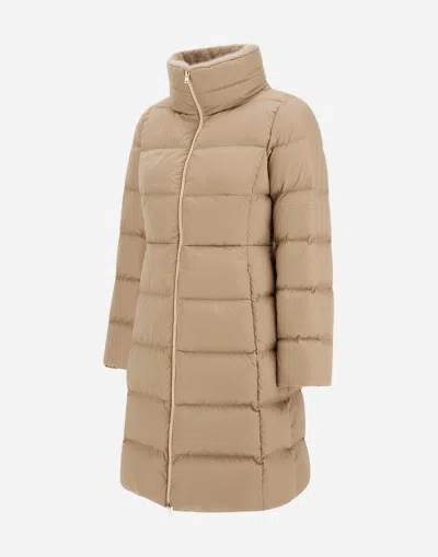 Herno Satin And Lady Alternative Fur Long Jacket In Brown