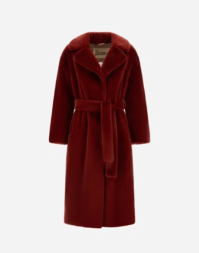 Herno Coat In Soft Alternative Fur In Red