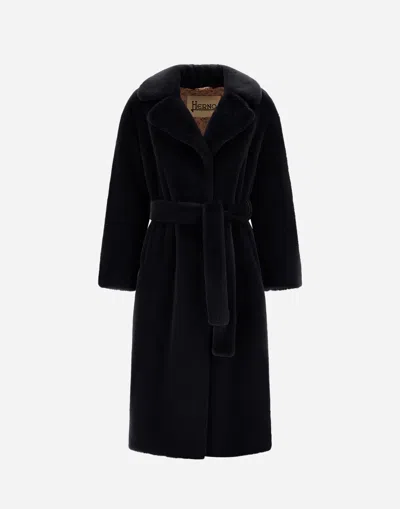 Herno Long Coat With Belted Waist And Notched Lapels In Black