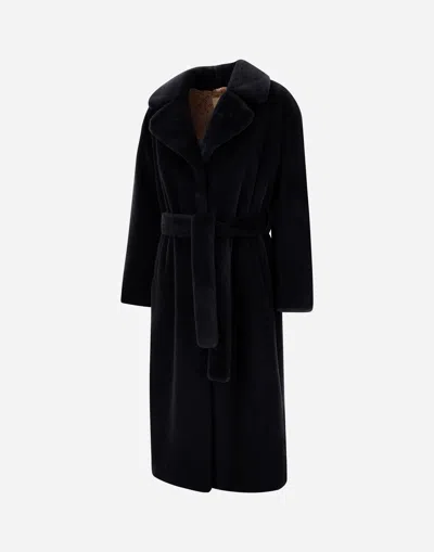 Herno Long Coat With Belted Waist And Notched Lapels In Black