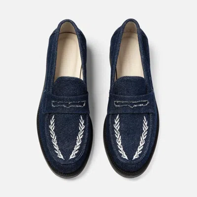 Duke & Dexter Men's Wilde Indigo Denim Wreath Embroidered Penny Loafer - Men's In Blue