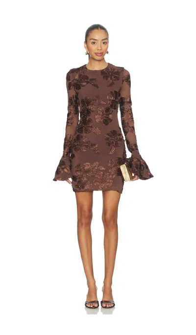Rotate Birger Christensen Brown Crewneck Mini Dress With Flared Long Sleeves In Tech Fabric Stretch Woman In Brown