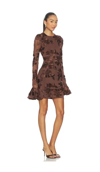 Rotate Birger Christensen Brown Crewneck Mini Dress With Flared Long Sleeves In Tech Fabric Stretch Woman In Brown