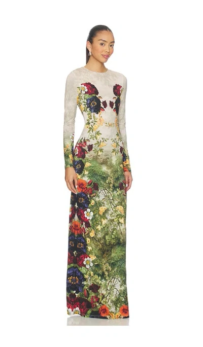 Alice And Olivia Delora Long Sleeve Crew Neck Maxi Dress Forbidden Forest In Multi