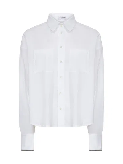 Brunello Cucinelli White Stretch Poplin Shiny Cuffs Shirt In Multi