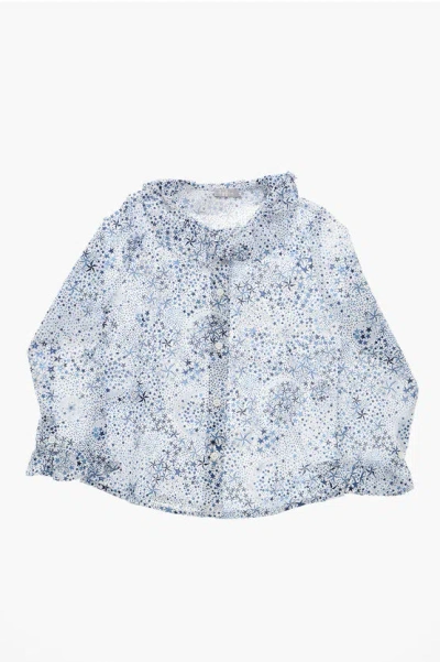 Il Gufo Patterned Poplin Cotton Shirt With Peter Pan Collar In Blue