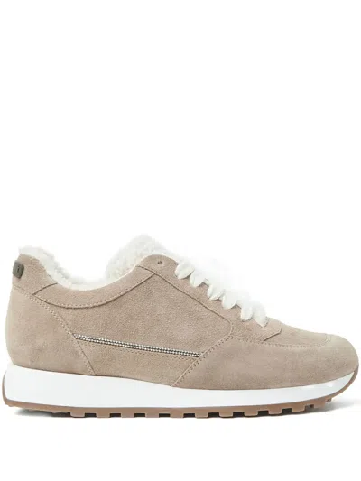 Peserico Suede Shearling-trim Sneakers In Gold